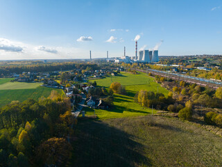 A power plant with huge chimneys, a view from the drone, from the air. Electricity creation...