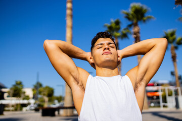 Argentinian shirtless man posing on summer beach palm street alley background