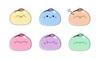 Mochi cute characters set vector illustration isolated on white background. Rice cakes with different emotions decorated with sakura blossom buds. Doodle kawaii style