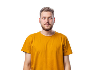 Obraz premium Young handsome bearded male in funny yellow t-shirt looking to camera posing in studio against white background