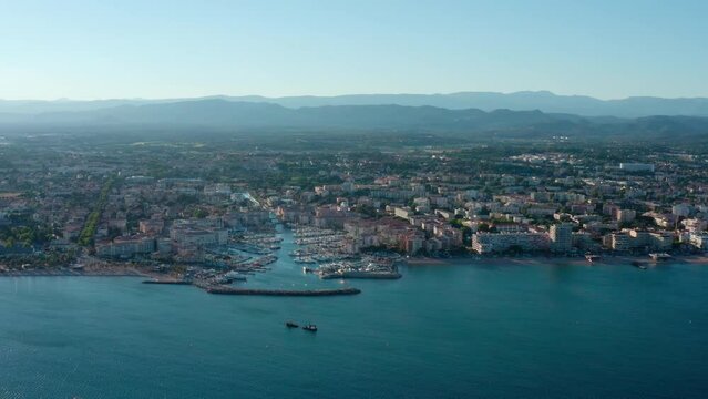 Frejus harbor aerial view from the sea sunny day summer