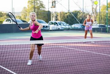 Obraz premium Sportive woman dressed in t-shirt and skirt playing tennis together with partner