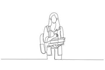 Illustration of girl student with backpack writing in a notepad while standing with books. Single line art style