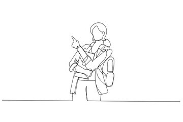 Drawing of woman holding laptop pointing finger hands up to copy space. She wear backpack. Single continuous line art style