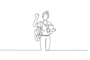 Illustration of girl hold many books and carry backpack enjoy time. Single continuous line art style