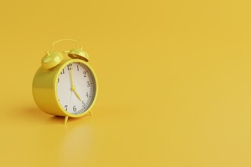 Yellow retro alarm clock on yellow background. Concept of wake up, getting up in the morning. Watch with bells on the background. 3d render, 3d illustration
