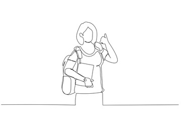 Cartoon of female student showing thumbs up sign gesture, wearing backpack and holding books. Single line art style