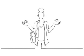 Drawing of student makes gesture, keeps eyes closed, listens peaceful music. Continuous line art