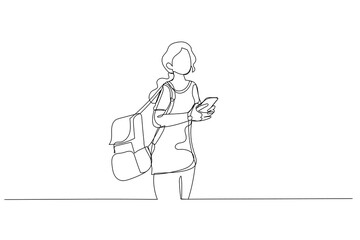Cartoon of side portrait of woman student walking with bag and cellphone. One line style art
