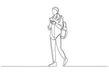Fototapeta na wymiar Illustration of young beautiful woman student carrying personal bag standing. Single line art style