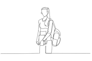 Drawing of female student holding books below waist. Single continuous line art style