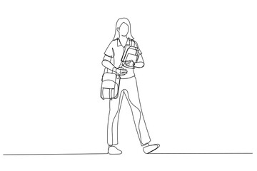 Cartoon of student woman going to class holding books and bag. One line art style