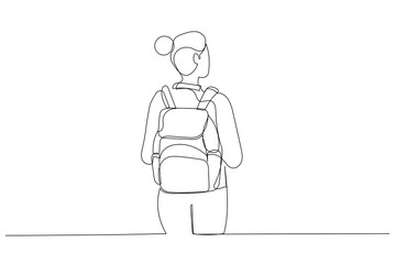 Drawing of student with backpack rear view looking to copyscpace. Continuous line art
