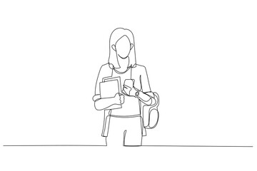 Illustration of student girl with backpack at university with mobile and workbooks. Single line art style