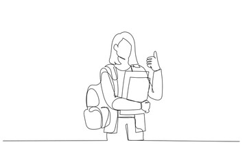 Drawing of college young girl student with thumb up holding tablet and lecture books. Single continuous line art style