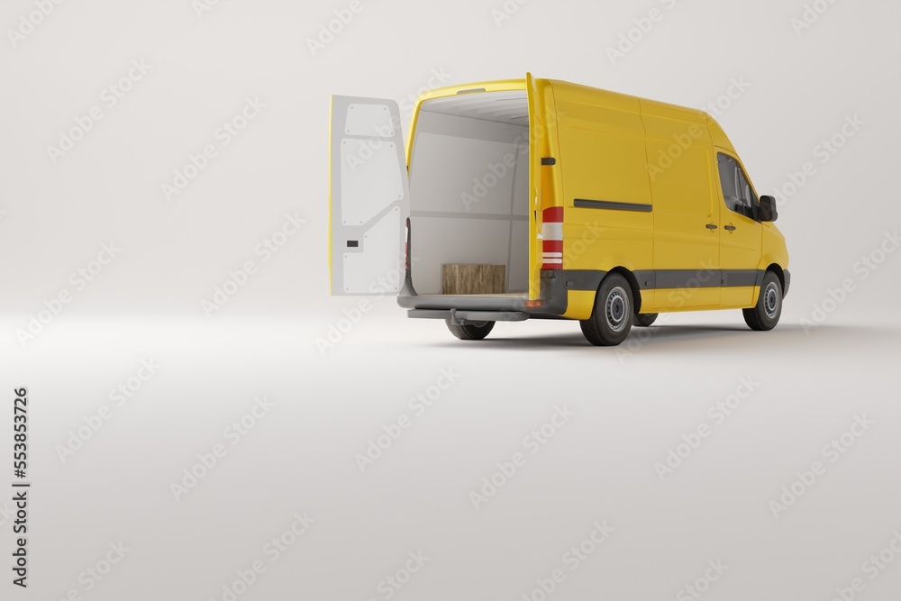 Sticker commercial delivery yellow van with cardboard boxes on white background. delivery order service comp