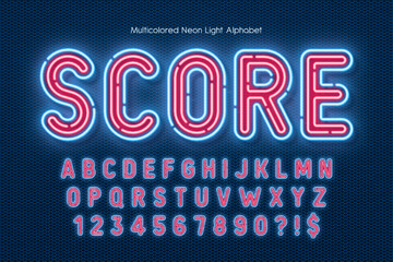 Neon light 3d alphabet, retro-futuristic origainal type.