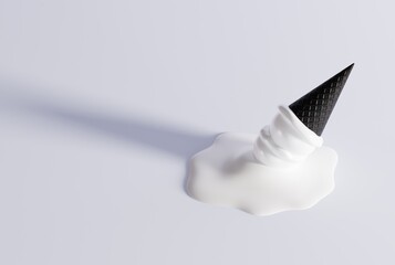 Melted ice cream in a black waffle on the ground and light background. The concept of eating ice cream, cooling down. Modern ice cream with a black waffle. 3D render; 3D illustration.