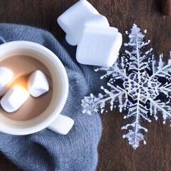 Hot Chocolate with Marshmallows, Festive Lights and Snowflakes, Generative AI
