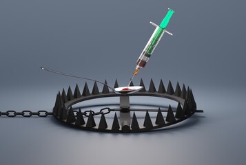 A syringe and a spoon with a drug over a snare, a trap on a dark background. Drug addiction concept, drug problems. Being caught in the trap of addiction. 3D render, 3D illustration.