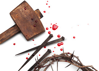 Jesus Christ - Cross With  wooden Hammer and Bloody Nails And Crown Of Thorns