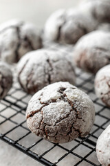 Chocolate chip cookies with cracks close up. Metallic rack with fresh baked chocolate crinkle cookies in icing sugar on white textured background