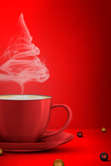 Christmas tree shape of steaming coffee cup and christmas ball on floor on a red background. Copy Space.
