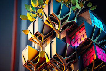 Modern architecture, tree house, neon, colorful, building, concept. Generative AI