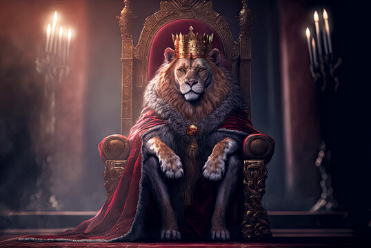 Royal lion sitting on a throne, candles. Generative AI