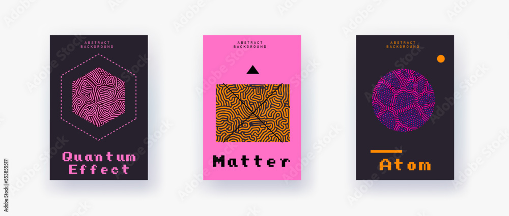 Poster set of posters with geometric abstract shapes with organic pattern of colorful lines.