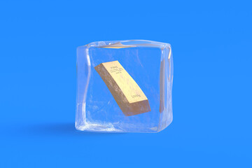 Golden ingot in ice cube. 3d illustration