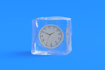 Clock in ice cube. 3d illustration