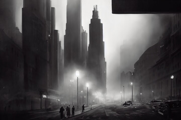 Noir city street with tall buildings and street view. Misty cold sin city charcoal illustration style. Gangster town.  - obrazy, fototapety, plakaty