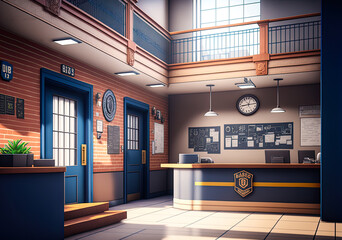 Modern police station, wood, blue and yellow, architectural concept. Generative AI