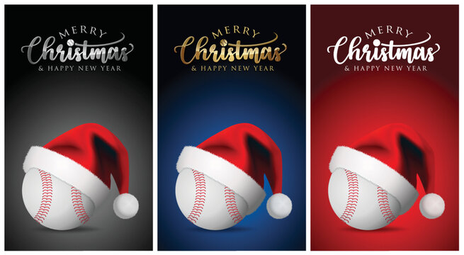 Christmas Baseball ball and Santa Claus Hat - Merry christmas Sports Greeting Card - vector design illustration - Set of Blue Red Black Background