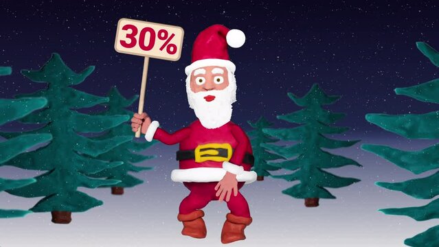 Seamless looping animation of a plasticine Santa Claus with a 30 percent sign walking through a winter landscape including green screen and luma matte 