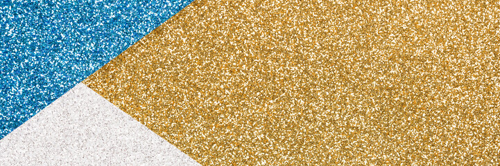 Long banner. Abstract geometric composition in golden, blue and silver colours with copy space. Minimal fashionable style backdrop. Luxury background. Festive glitter background