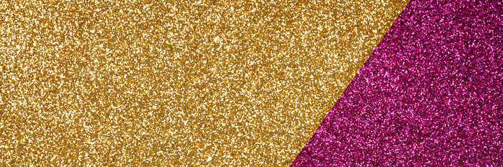 Long banner. Abstract geometric composition in golden and purple colours with copy space. Minimal fashionable style backdrop. Luxury background. Festive glitter background
