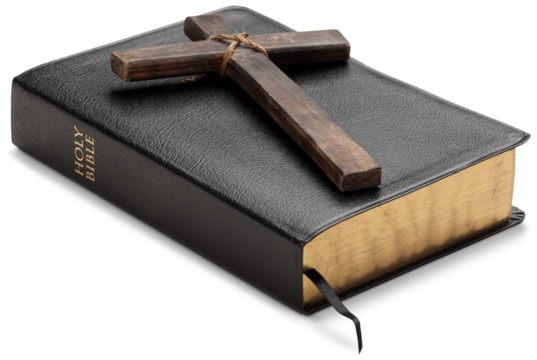 religion concept. Black bible with wooden cross