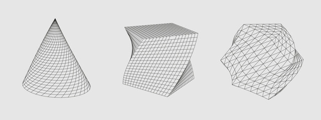 Set of low poly 3D twisted geometric figures. Futuristic polygonal design. For web-site or banner and etc. Vector illustration.