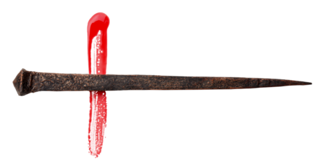 Christian cross made with rusty nails, drops of blood on background.