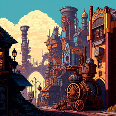 Cartoon image of a steampunk city stylized as a retro game