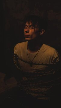 Tired and sad man tied on chair in dark basement. Scary and old place in underground.