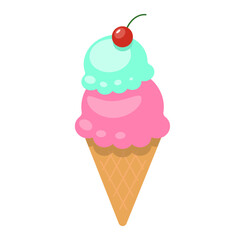 Ice cream cone with a cherry on top. Two colored ice cream. Mint and pink. Vector illustration