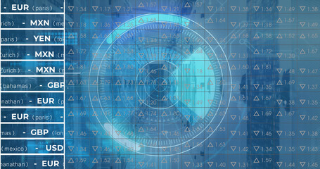 Image of stock market over scope scanning and server room