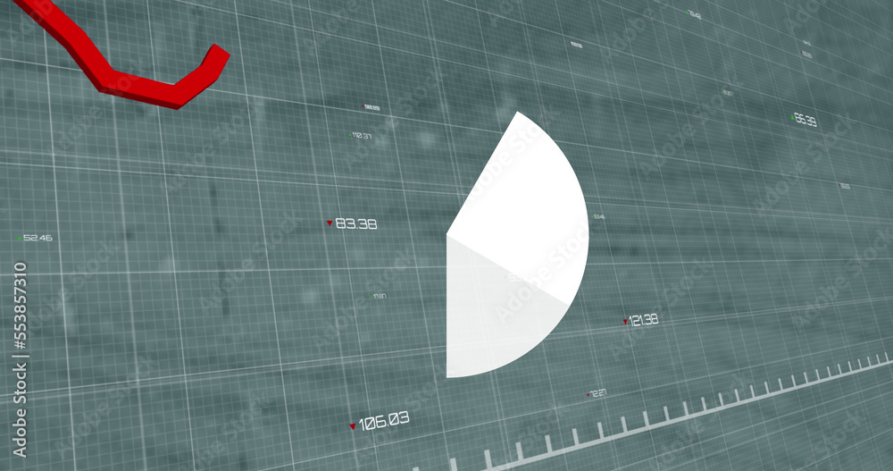 Poster pie graph and red graph moving over financial data processing against empty office