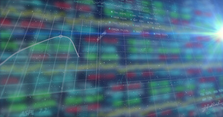 Image of digital grid pattern with line graph and trading board against colorful background