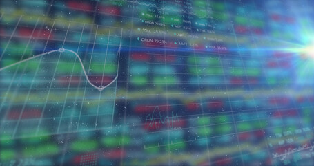 Fototapeta na wymiar Image of digital grid pattern with line graph and trading board against colorful background