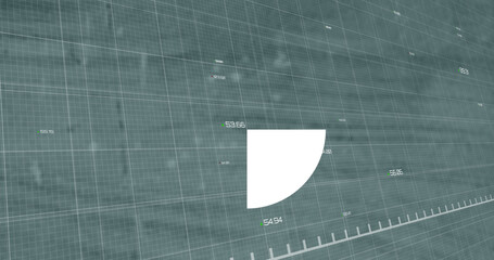Pie graph and red graph moving over financial data processing against empty office
