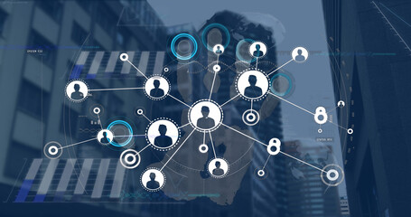 Image of profile icons connecting dots, data with graph, globe, fingerprints against buildings